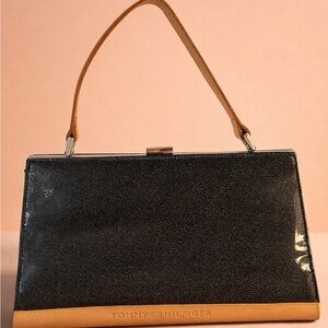 Tommy Hilfiger Black Satchel with Tan Trim and Handle